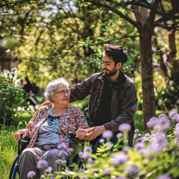 A young man helps an elderly woman in a wheelchair.